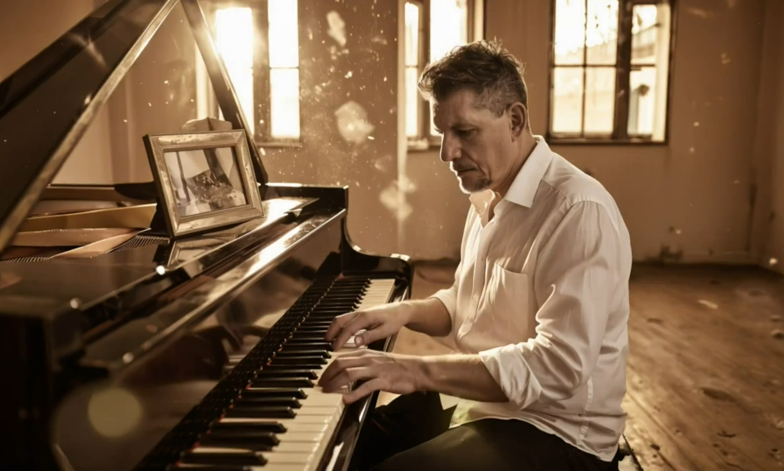 Jason Russo playing piano in a dimly lit room